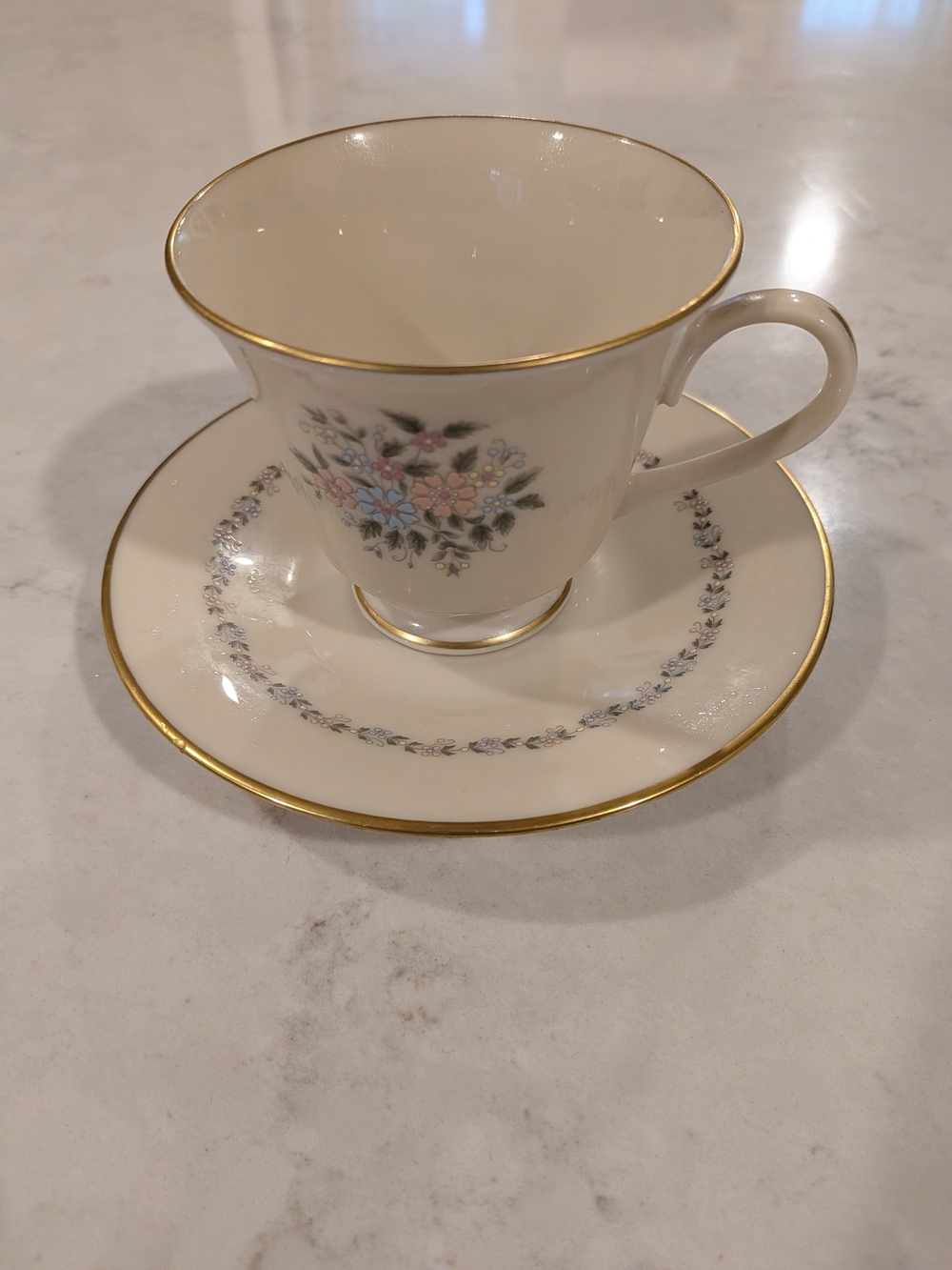 Lenox Cream Teacup and Saucer with Pink and Blue Floral Pattern and Gold Trim